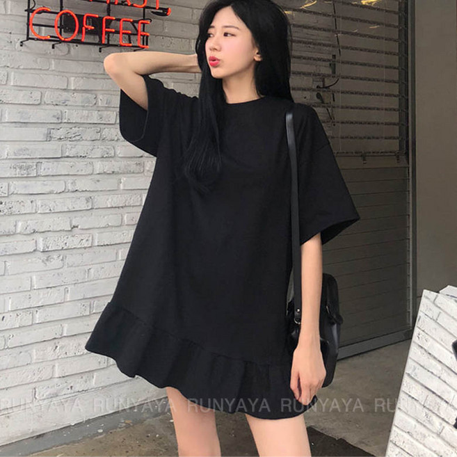 블랙 스커트 빅사이즈 여성용 여름 반팔 프릴 원피스 캐주얼 와이드 반팔티 티셔츠 롱티 D99U