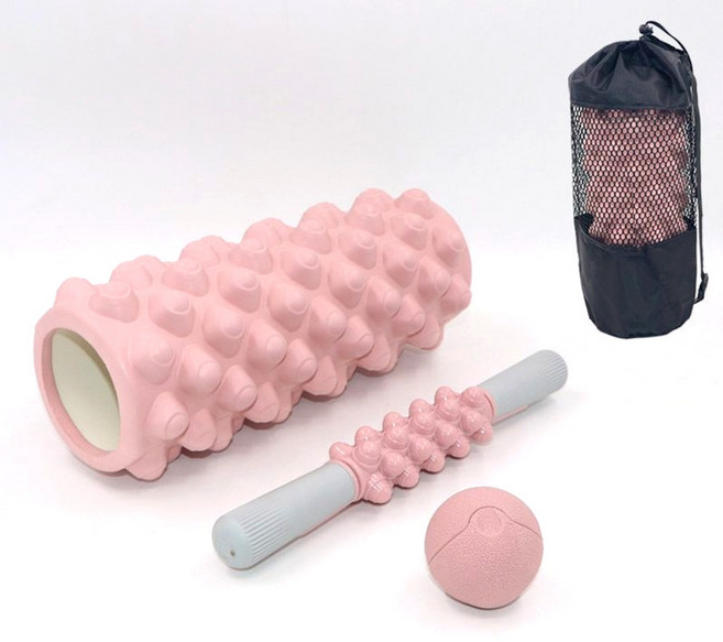 아일디 33cm 지압 폼롤러 4 in 1 마사지 세트 마사지볼 마사지 스틱 보관백, 1세트, 핑크