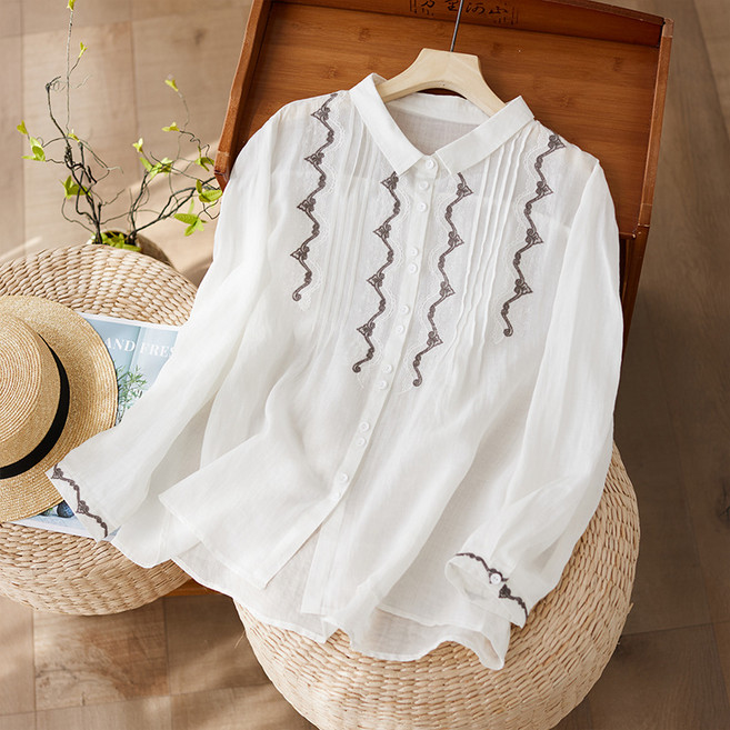 타임퓨어 40대 60대 여성 자수 블라우스 봄여름 얇은남방 문예 빈티지 면마 상의 루즈핏 캐주얼 셔츠