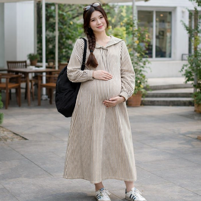 디한스 임산부 봄여름 줄무늬 후드 와이드 롱 빅사이즈 원피스