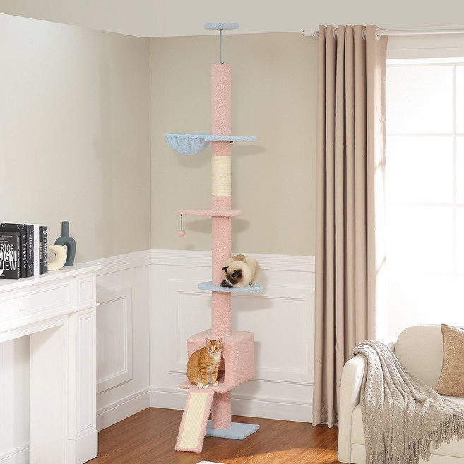 PAWZ Road 6단 대형 다색 패브릭 캣폴 천장 고정형 높이 조절 캣타워 210-274cm 해먹+숨숨집+삼베 스크래쳐 겸용 사다리, 1개, 블루