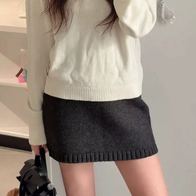 간절기 빼빼 하이웨이스트 밴딩 니트 미니 스커트 데일리 캐주얼 룩