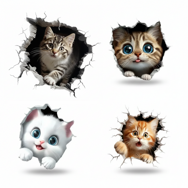 자동차 3D 인테리어 입체 집사 냥이 꾸미기 스티커 4종 세트, 1세트, 혼합색상