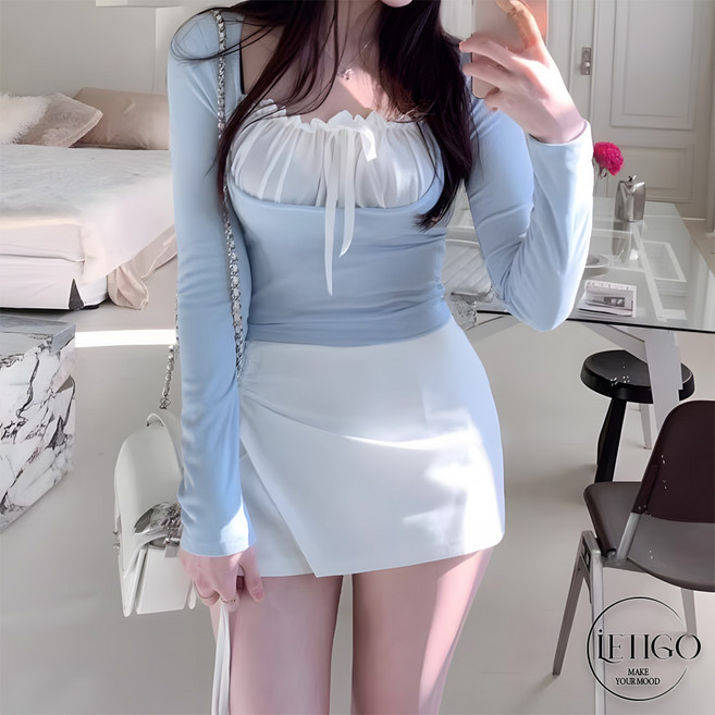 레티고 러블리 발레코어 프릴 레이어드 스퀘어넥 세미 크롭 티셔츠