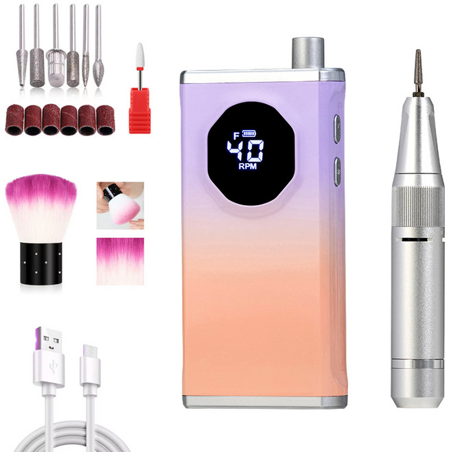 KUKEE [국내발송] 네일드릴기 전동 네일 머신 손톱 관리기 무소음 0-40000rpm 속도 조절 홈케어 젤네일드릴 전문 폴리셔, 1개, 퍼플살구색