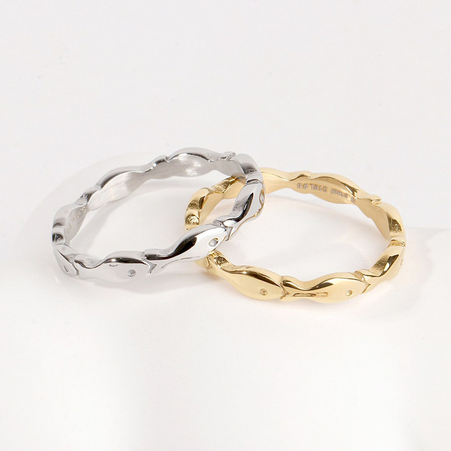 VARAM [1+1] 행운 소원성취 물고기 반지 써지컬 316L 스틸 (실버+골드)