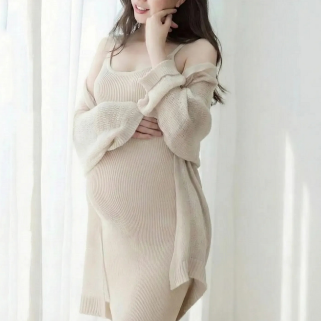 데일리인 임산부 만삭 사진 옷 원피스 가디건 세트 셀프 촬영 의상 주수 임부복