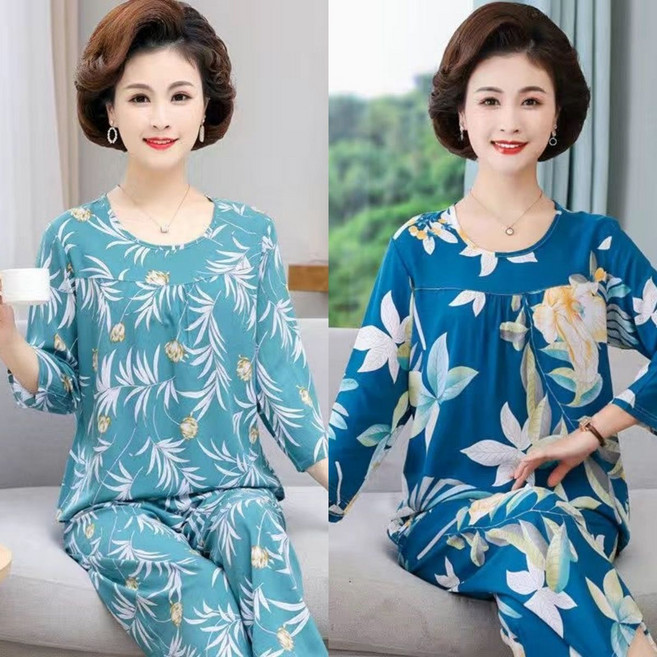 1+1 봄 가을 중장년 여성 잠옷 세트 데일리 엄마용 플라워 홈웨어 편안한 일상용 실내복 세트 YLP