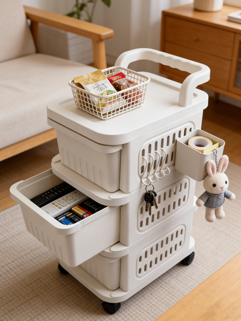 다용도 이동식 트롤리 수납함 서랍형 방진 수납장, 크림, 3단
