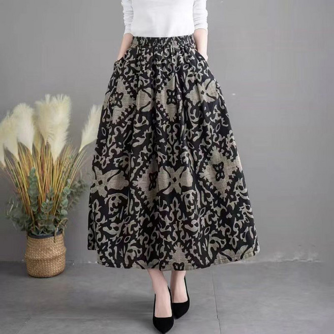 swygsqql 여름 여성 면 마 린넨 스커트 하이웨스트 포켓 중년 엄마 플라워 A라인 롱 스커트