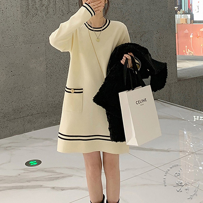 예쁨시전 러블리 트위드 스트라이프 니트 미니 원피스