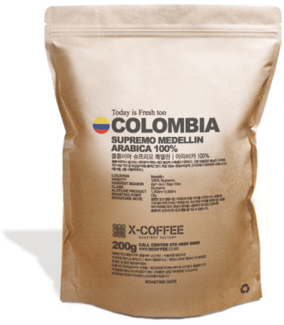 엑스데일리커피 원두커피 콜롬비아 슈프리모 200g 홀빈(분쇄안함), 1개