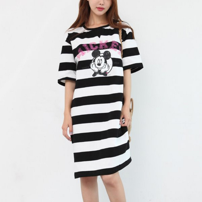 줄무늬미키 반팔원피스)디즈니정품 파자마 홈웨어 미키마우스롱티셔츠 단가라 프린팅 나염원피스 루즈핏 박스티 오버핏 빅사이즈