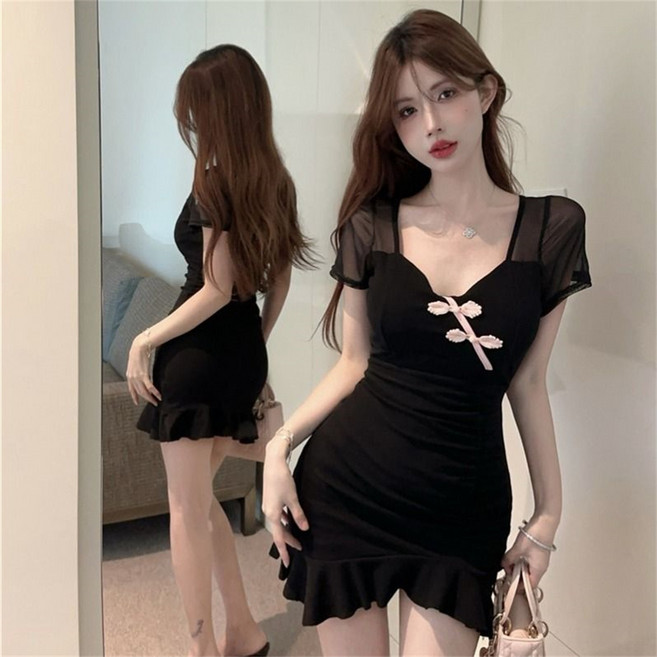 besteffie 여성용 섹시한 브이넥 미니 원피스 주름 디테일 파티 클래식 시스루 디자인 반팔 드레스 K69