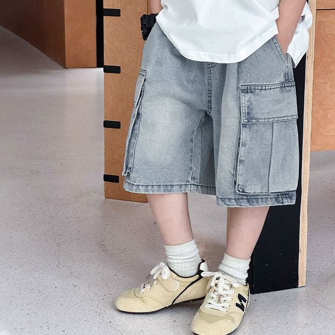 UPPERCUT 주니어 카고 데님 반바지 여름 얇은 청반바지 초등학생 반바지 여름 청바지 6부바지 남녀공용 버뮤다팬츠