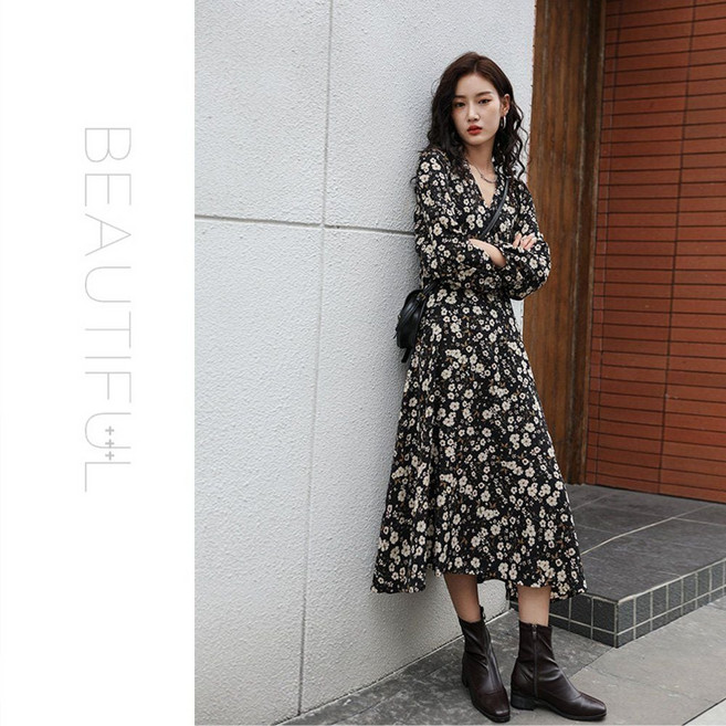 모두드림 플라워 패턴 A라인 긴팔 롱 원피스 봄 가을 쉬폰