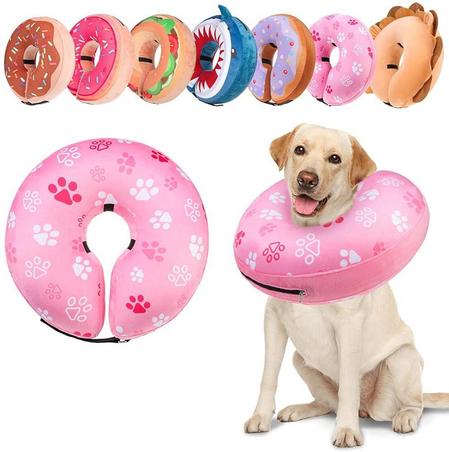 대형 중형 소형견 수술 후 개 콘 대체품 고양이를 위한 부드러운 풍선 칼라 핥는 것을 멈추는 목 도넛 E 칼라 회복 샤크 블루, Pink, M(Neck:13"-16")