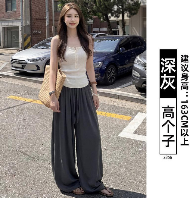 寬鬆垂感亞麻闊腿褲 顯瘦薄款老錢風女褲