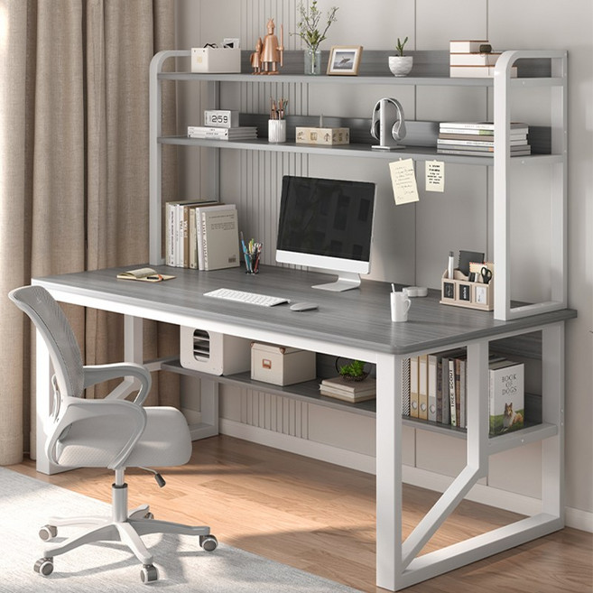 FONOW 컴퓨터책상 컴퓨터 책상 가정용 침실 간이 책장 일체형 책상, 그레이