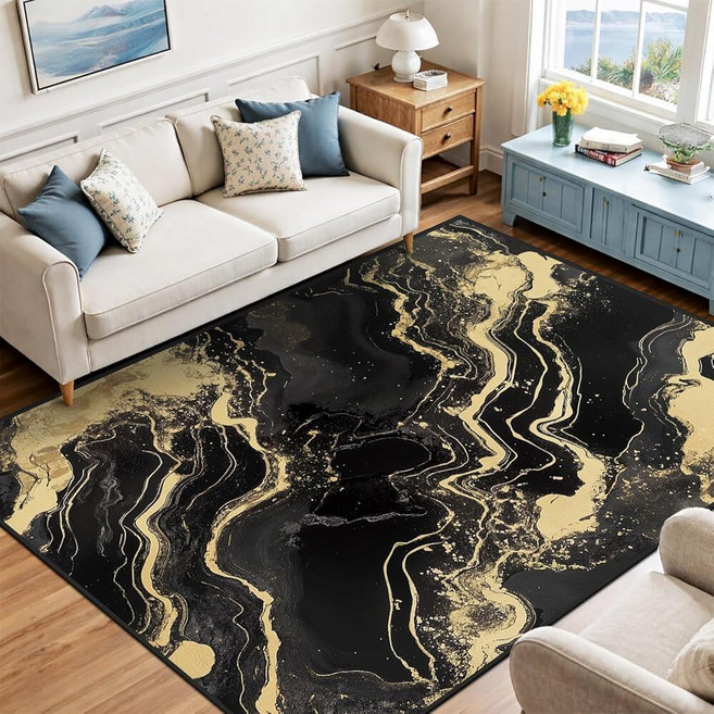 8x10 Area Rug Black and Gold Modern Large Rug for Living Room Indoor Machine Washable Abstract Rug