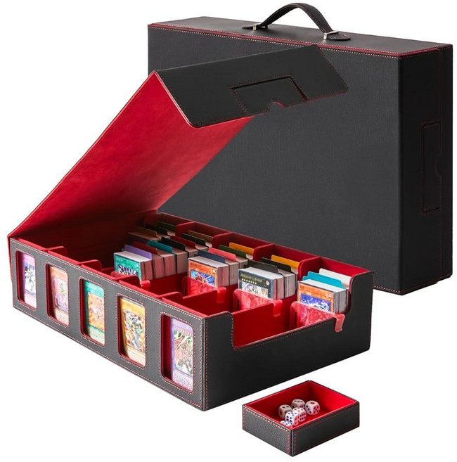5줄 트레이딩 카드 보관 상자 휴대용 3900+ MTG 데크 박스 탈착식 뚜껑 포함 가죽 마그네틱 클로저 커맨더 탑로더 5개 스토퍼 칸막이 48개 주사위 트레이 1개(, 블랙 및 레드