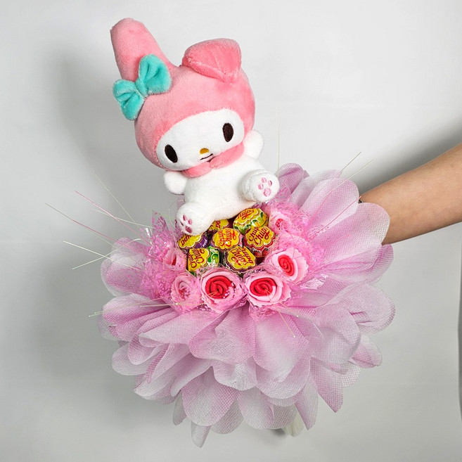 앤드플라워 산리오 츄파춥스 7개 인형꽃다발 졸업식 입학식 사탕꽃다발 부케 화이트데이선물, 1개, 마이멜로디츄파꽃다발(핑크)+예쁜공주
