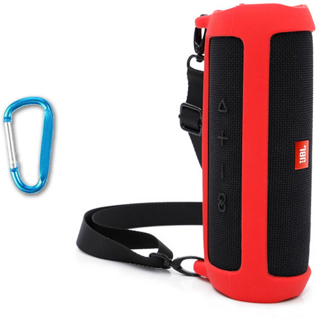 JBL FLIP5 전용 실리콘 하우징 범퍼 케이스 + 어깨 스트랩 + 카라비너, RED