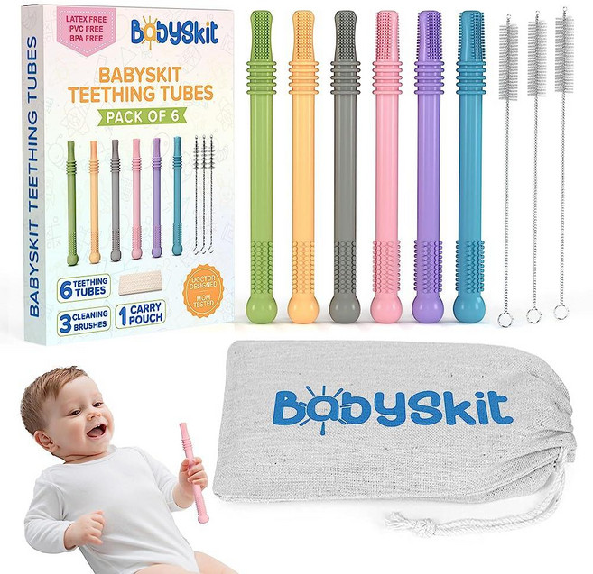 BABYSKIT 유아용 유연한 할로우 치발기 튜브 - 아기를 위한 잡기 쉽고 청소할 수 있는 치발기 빨대 아기를 위한 안전한 실리콘 치발기 스틱 0-6개월 아기를 위한 고품