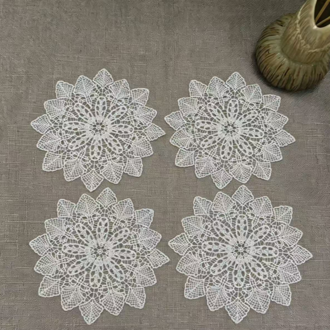 프랑스식 빈티지 자수 펀칭 찻잔 매트 플라워 그릇 꽃병 매트 4P, 4개, 23cm, 화이트
