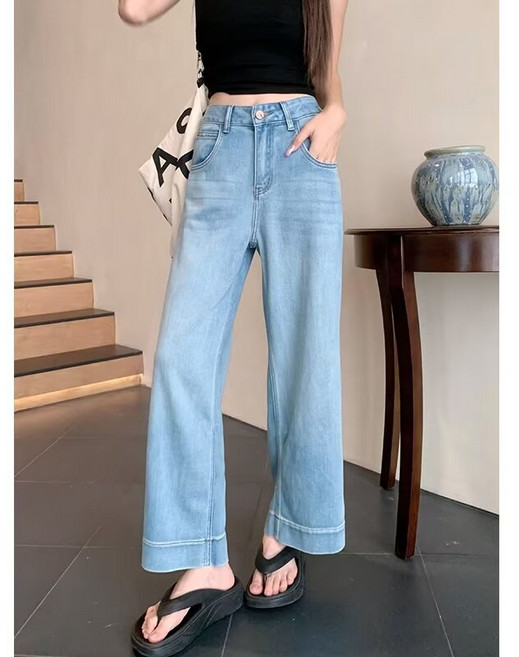 SAHINER 여성 데님 와이드 9부 팬츠 하이웨스트 여름 데일리룩 BNZ94