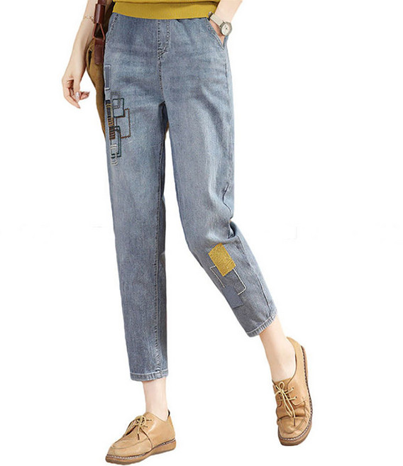 셀럽당 여성 청바지 밴딩 얇은 여름 자수 9부 배기 팬츠