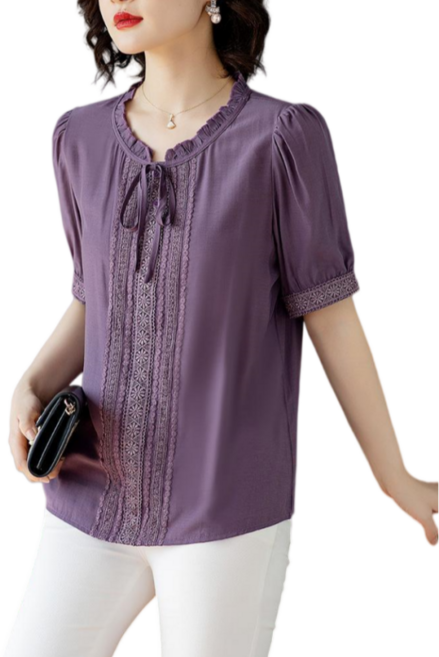 Makone 여성 라운드넥 프릴트리밍 솔리드 반팔 셔츠 트랜드 코디네이터 루즈핏 패션 민소매 블라우스