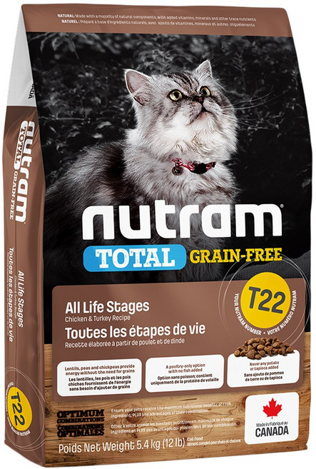 nutram 全齡貓 T22 無穀全能天然乾飼料, 5.4kg, 1袋, 雞肉 + 火雞肉