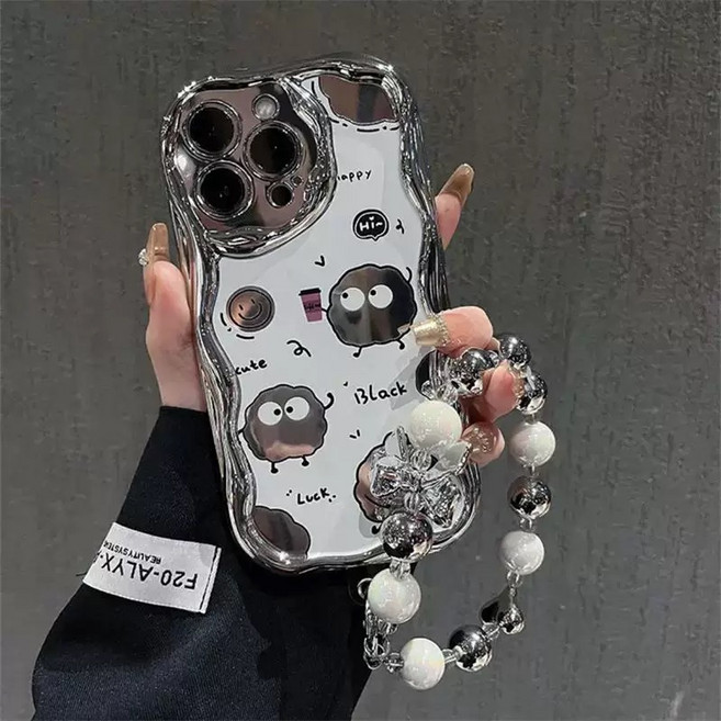 갤럭시a 시리즈 감성 힙한 실버 미러 웨이브 케이스 비즈 스트랩 세트 블랙먼지 D574