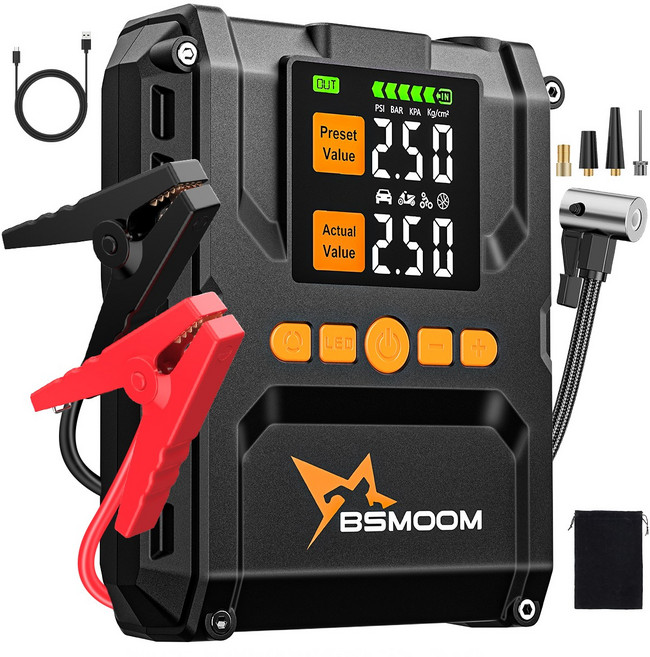 BSMOOM 3000A 자동차 점프스타터 올인원 에어펌프 보조배터리 사용 가능 12V, 1개, 8000mAh