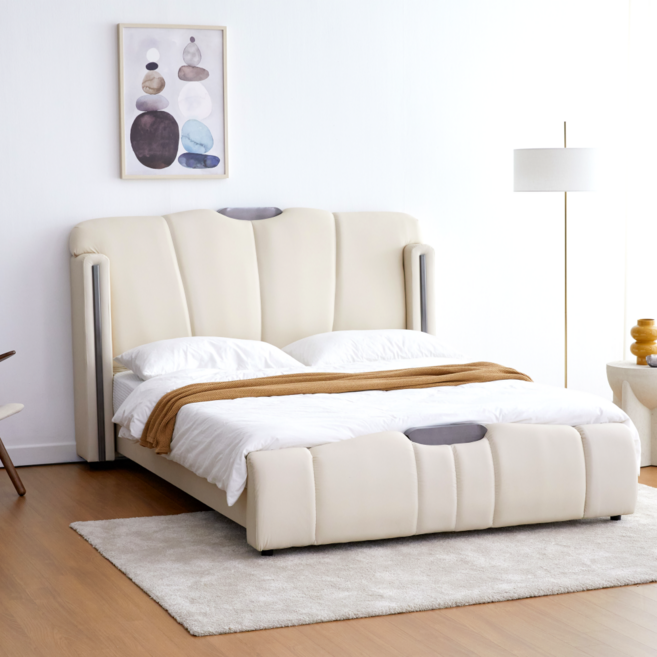 엘티제이 이탈리아식 라이트 럭셔리 가죽 침대 메인 아쿠아 베드 모던 심플 레더 베드 소프트 침대프레임 AB1, 아이보리, 매트제외