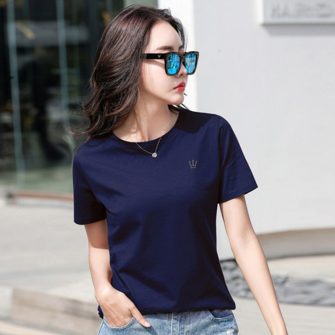 M-3XL 여성 라운드넥 심플 크라운 자수 반팔티