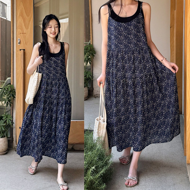 데일리앤 뮤엔 여름 휴양지원피스 플라워 뷔스티에 셔링 레이어드 끈 나시 롱원피스 바캉스