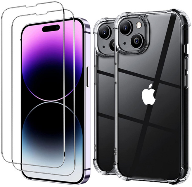 스톤스틸 2+2 아이폰14 프로 프로맥스 플러스 강화유리 액정 보호 필름 2장 + 투명 범퍼 케이스 2개, 아이폰14플러스, 1개