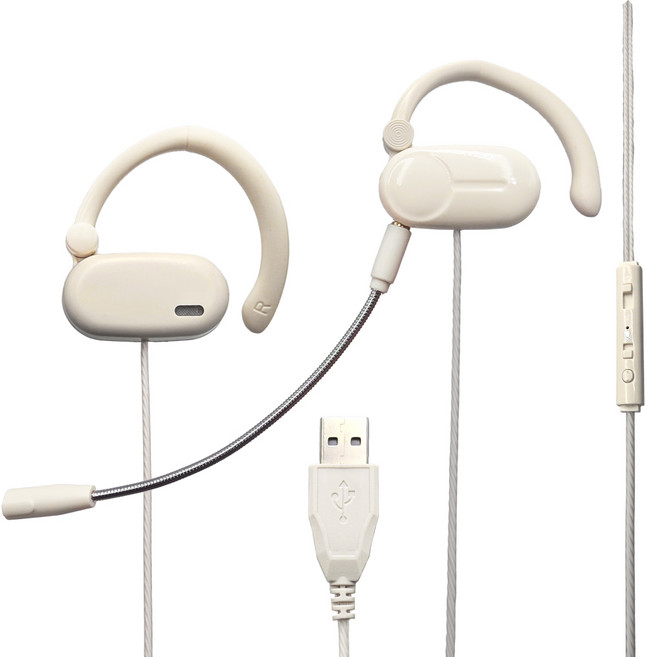 에어로 귀걸이형 마이크 탈부착 게이밍 유선 이어폰, 아이보리, USB-A