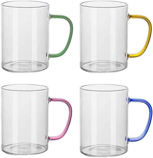 투데이리빙 4개입 세트 컬러 핸들 유리 머그컵 430ml 커피 주스 내열 예쁜 손잡이 투명 유리잔 유리컵 머그잔 찻잔 물컵 컬러손잡이 홈카페, 4개, R98831I(옐로우+블루+그린+핑크