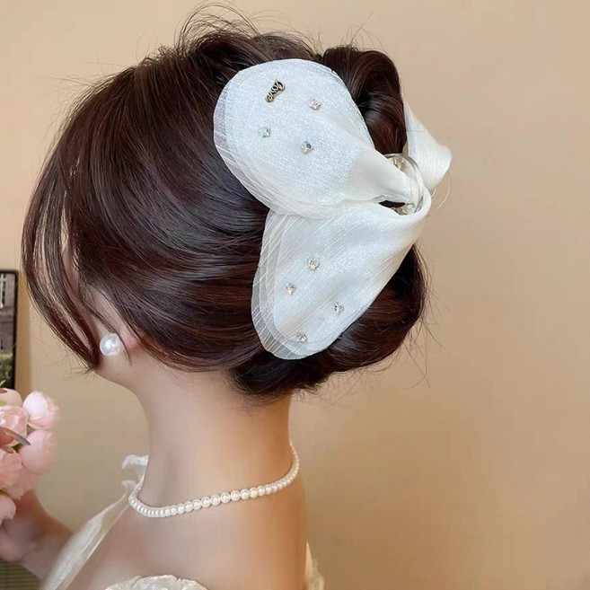 우아한 리본 망사 헤어핀 빅사이즈 올림머리 반묶음 집게핀