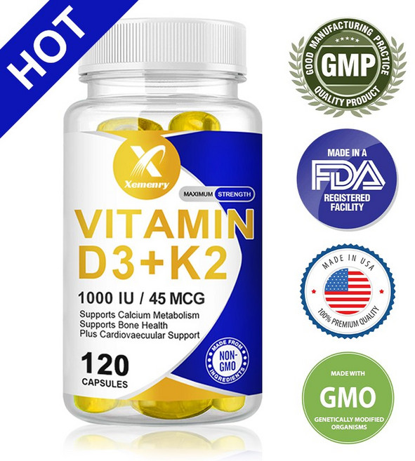 비타민 D3+K2 - 뼈 심장 근육 및 면역 지원 칼슘 흡수 촉진, 1개, 120정