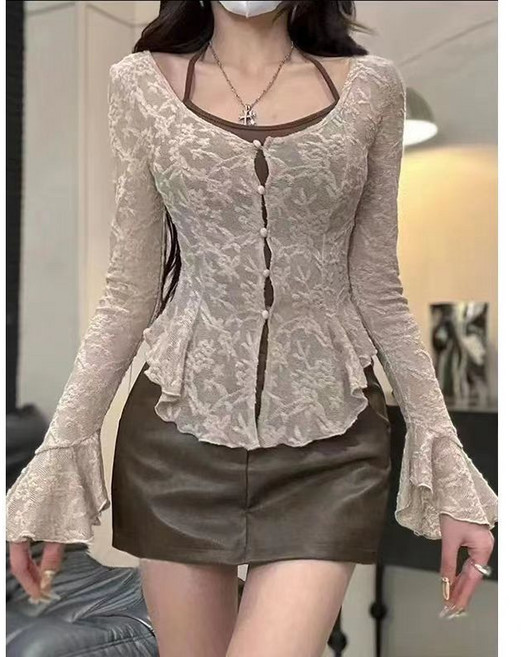 봄 가을 여성 긴팔 티셔츠 슬림핏 여자 섹시 시스루 블라우스 숏 상의 패션 여성용 레이스티 LZH