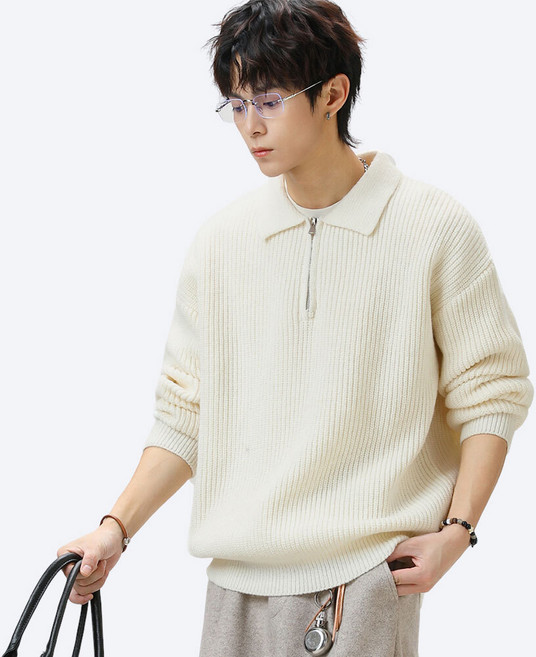 에치케이 카라넥 긴팔 니트웨어 시보리 무지 집업스웨터 단색 남친룩