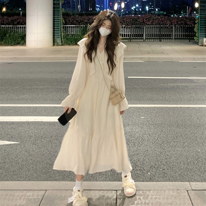 BROWMODA 여성 캐주얼 긴팔 프릴 원피스