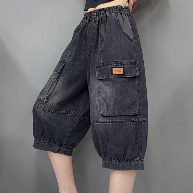 페이준 여성 봄 여름 빈티지 캐주얼 데님 반바지 빅사이즈 와이드 6부 청바지 YJ5346