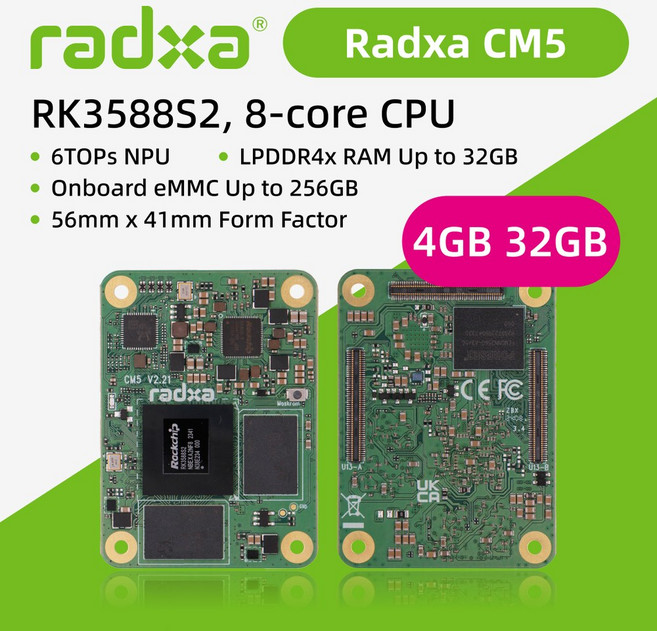 Radxa CM5 RK3588S2 8 코어 CPU RK3582 6 코어 CPU 컴퓨팅 모듈 GPU NPU 싱글 보드 컴퓨터, CM5 4GB 32GB