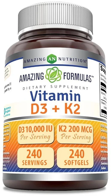 Amazing Formulas 비타민 D3 10000 IU 비타민 K2 200 Mcg 포함 | D3 + K2 복합 보충제 | GMO 프리 | 글루텐 프리 | 미국 제조 (1팩, 1개, 120정 - 쿠팡