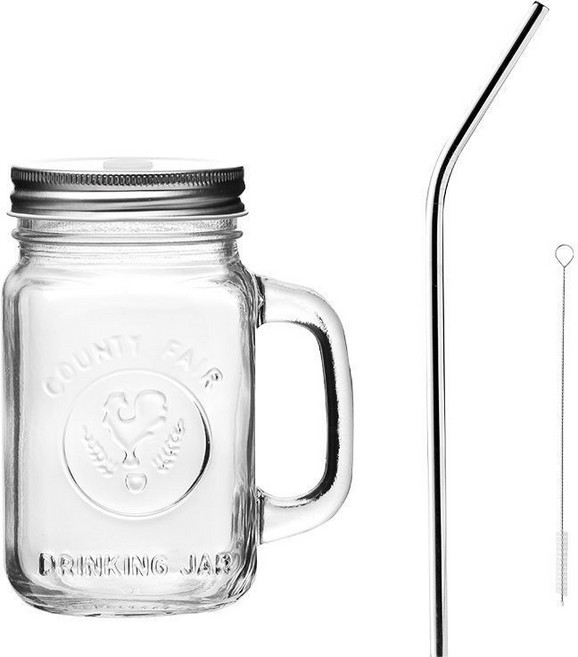 梅森杯 大容量復古公雞圖案玻璃杯 附蓋 家用果汁冷飲杯, 1個, 帶蓋加彎管加長勺